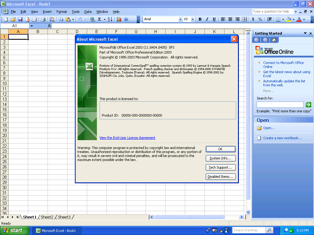 Excel 2003 About Dialog (2003)